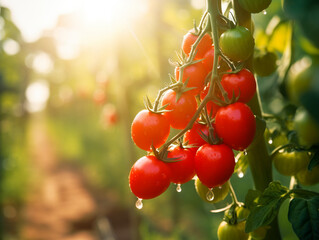 Wall Mural - Selected focused tomatoes in tomato fields. Ripe red and ready to harvest.