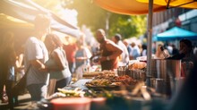 People at a street food market festival on a sunny day, blurred on purpose