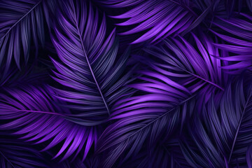 Wall Mural - Abstract background with neon colored palm leaves. Tropical exotic plants with ultraviolet lighting