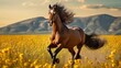 Brown horse running across the small flowers bed