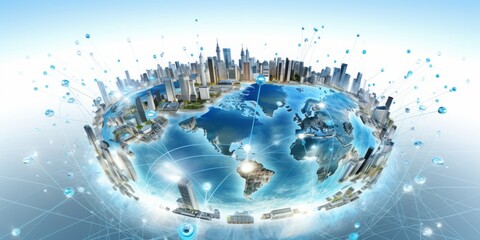Poster - Global IoT and Internet Connectivity World Map on White Background, Illuminating in Light Blue, Depicting the High-Tech Digital Network, Worldwide Communication and Cyber Connectivity