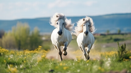 Two white horses running together at the countryside