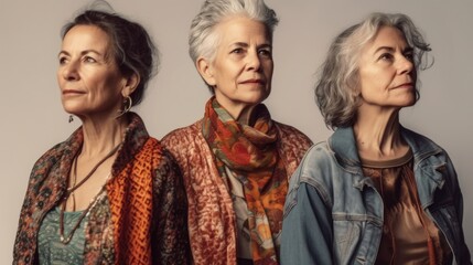 Wall Mural - Fatigued older women, representing varied skin tones, stylish grey hair, and neutral outfits, photographed in a studio. Generative AI