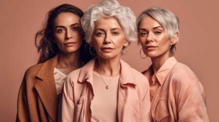 Wall Mural - Senior women, drained and diverse in skin tones, wearing chic grey hair and neutral clothing, depicted in a studio. Generative AI