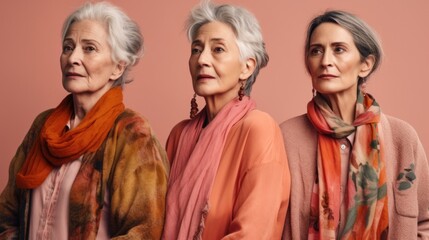 Wall Mural - Fatigued older women, representing varied skin tones, stylish grey hair, and neutral outfits, photographed in a studio. Generative AI