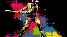 Baseball Player Hit A Ball, Pop Art Collage Style Neon Bold Color