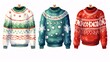 Watercolor hand drawn cute Christmas sweaters. Christmas jumper day clothes on white background. Knitted pullovers with ornaments, gift, green tree.