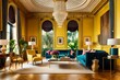 Architectural Digest photo of a maximalist yellow living room with lots of flowers and plants, golden light, hyperrealistic surrealism, award winning masterpiece with incredible details, epic stunning