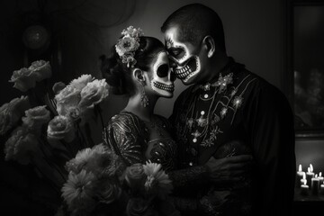 Poster - El Dia de Muertos black and white photo of a couple with painted faces of the dead.