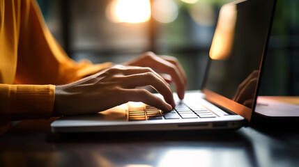 Close-up image of human hands typing on laptop keyboard