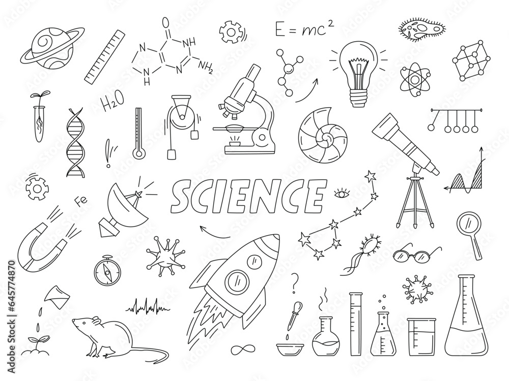 Science doodle set with rocket, constellation, telescope, microscope, flask, books, DNA, magnet, planet, radio telescope in doodle style. Vector line art sketch