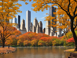 Wall Mural - Central Park of New York in the autumn season. New York skyscrapers from the autumn park. Colored autumn leaves in the park. Drawing of a beautiful autumn in the central park. generative AI