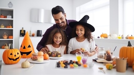 Happy multi ethnic family preparing for Halloween celebration party on blurred modern home kitchen background, family get together bonding moment concept.