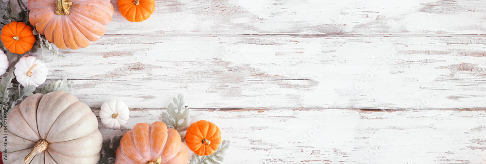 Fall corner border of assorted pumpkins and soft green leaves over a ...
