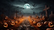 Graveyard Silhouette With Spooky Pumpkins And Moonlight, Halloween Abstract Background