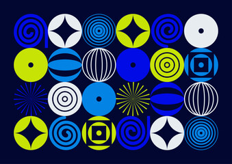Wall Mural - abstract geometric background with circles and spirals in a modern brutalist style.