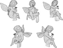 Vector Sketch Illustration Of A Little Angel With Wings Sitting Playing With A Bird