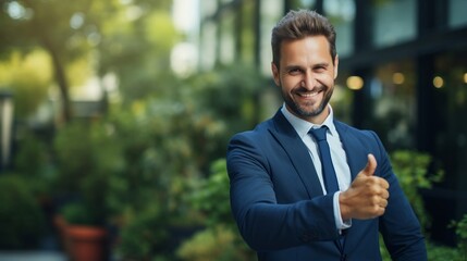 Portrait of a smiling young businessman showing thumbs up in the city