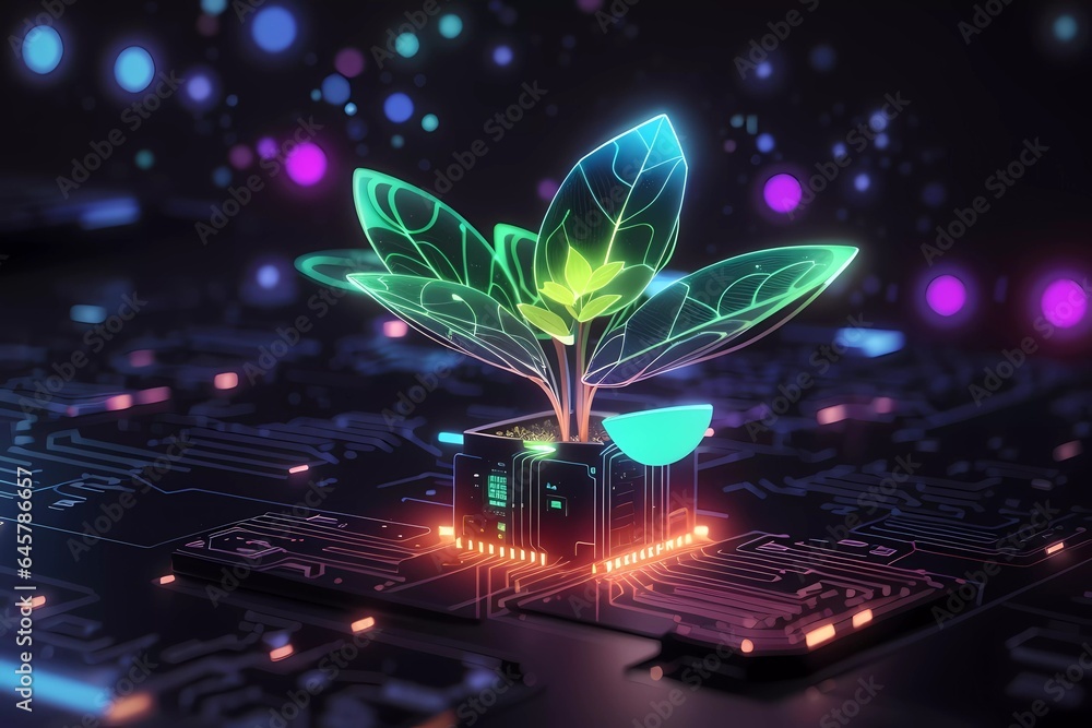 Glowing plant growing on computer chip representing digital ecology ...