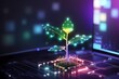 © HasibulAlam - Glowing plant growing on computer chip representing digital ecology business and blurred background
