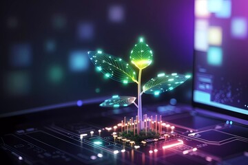 Glowing plant growing on computer chip representing digital ecology business and blurred background