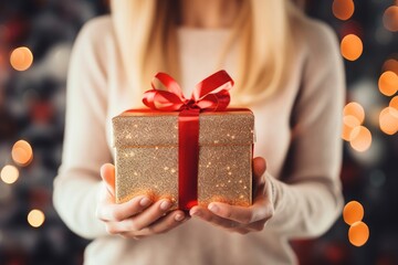 Sticker - Girl holding a gift box with a bow.