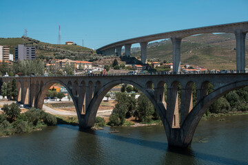 Sticker - The Regua Railway Bridge also known as the Regua Road Bridge over the Douro River in Portugal.