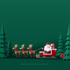 Santa Clause with reindeers and sleds full of presents on green background with copy space. 3D Rendering, 3D Illustration