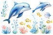 Dolphins underwater world watercolor set