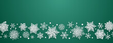 Christmas Illustration With Beautiful Complex Paper Snowflakes, White On Green Background