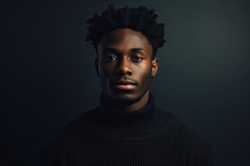 Wall Mural - portrait of young handsome black man in a black sweater, ai generated