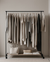 A Row Of Beige Clothe Hanging On A Rack 