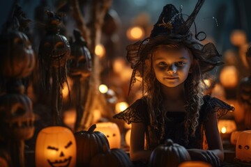 Poster - little girl in witch costume for Halloween holiday.