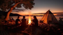 Night Summer Camping On Lake Shore Group
