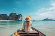 © Vilaysack - Woman travelling on the boat and enjoy her trip with ready to adventure. Happy travel woman on vacation concept. ai generative
