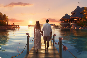 Wall Mural - Travel, leisure, lifestyle concept. Young couple traveling in tropical island. Blue lagoon, palm trees and resort houses in background during sunset. Generative AI