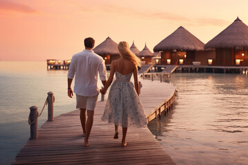 Wall Mural - Travel, leisure, lifestyle concept. Young couple traveling in tropical island. Blue lagoon, palm trees and resort houses in background during sunset. Generative AI