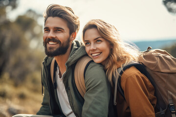 Wall Mural - Travel concept. Young and happy couple traveling lifestyle portrait. Young and beautiful happy couple enjoy traveling adventures. Generative AI