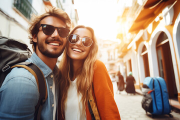 Wall Mural - Travel concept. Young and happy couple traveling lifestyle portrait. Young and beautiful happy couple enjoy traveling adventures. Generative AI