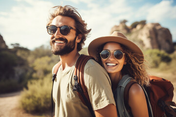 Wall Mural - Travel concept. Young and happy couple traveling lifestyle portrait. Young and beautiful happy couple enjoy traveling adventures. Generative AI