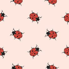 Beautiful Seamless Pattern Of Ladybug Beetles On Pink Background. Look Other Samples In Collection