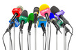Microphones of different mass media. Press conference or interview concept. 3D rendering isolated on transparent background