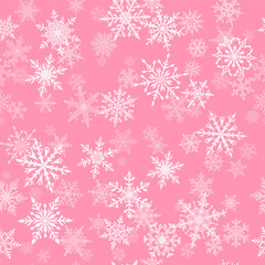 Wall Mural - Christmas seamless pattern of beautiful complex snowflakes in pink and white colors. Winter background with falling snow