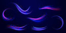 Neon line as speed or arc, turn, twist, bend in light effect. Light arc in neon colors, in the form of a turn and a zigzag. ig set of light neon lines in the form of swirl and spirals.  