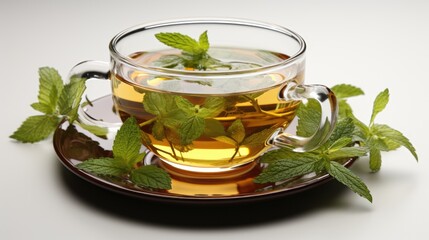 Canvas Print - A cup of hot tea with fresh leaves in a transparent glass on a white background