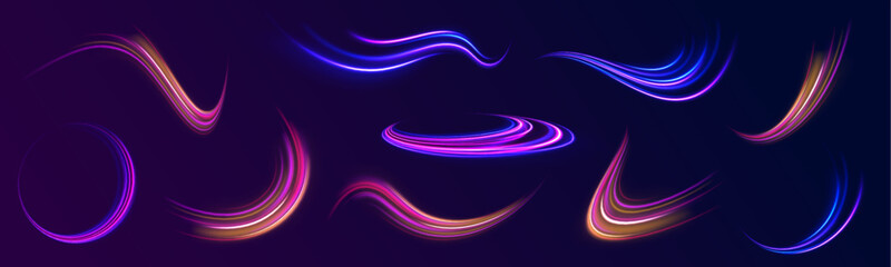 Wall Mural - Expressway in long delay, with car lights at night on autobahn. Vector glitter light fire flare trace. Light arc in neon colors, in the form of a turn and a zigzag. 