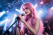 Young charming pink haired Asian k-pop idol girl on stage singing into a microphone