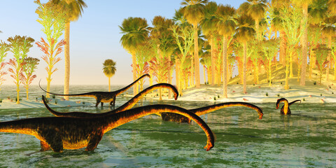 Wall Mural - Barosaurus visits Swamp - A herd of Barosaurus sauropod dinosaurs munch on wetland plants during the Jurassic Period.