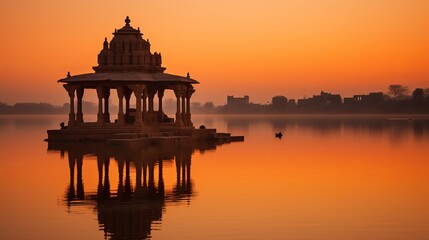 Dawn at an ancient temple in Jaisalmer, Rajasthan, India's Gadi Sagar (Gadisar) Lake