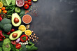 © sderbane - Different vegetables, seeds and fruits on dark background, flat lay. Healthy diet, top view